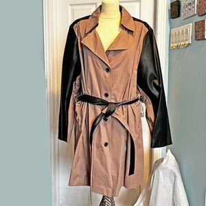 TRENCH COAT, FAUX LEATHER SLEEVES, TAUPE, SIZE 4X, 2 COLOUR BELT, FAUX LEATHER